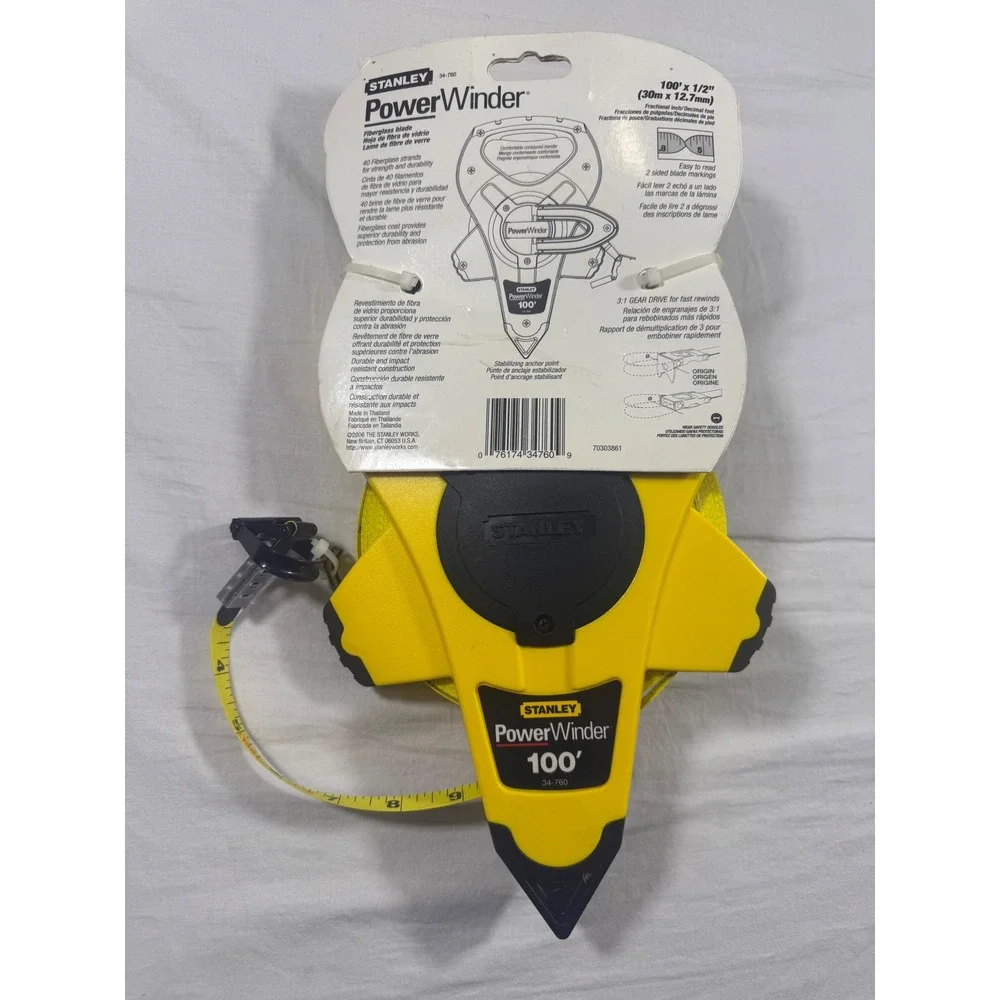 Stanley Tape Measure 100' Yellow NEW PowerWinder 34-760 Fiberglass Blade - Picture 2 of 2